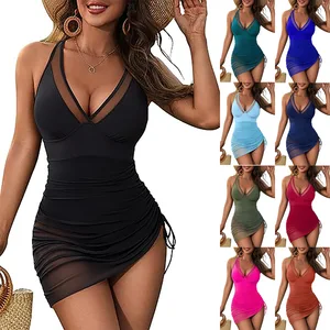European American Foreign Trade New Women's One-Piece Skirt Style Solid Chiffon Swimsuit Sexy Tight-Fitting Plus Size Hollow