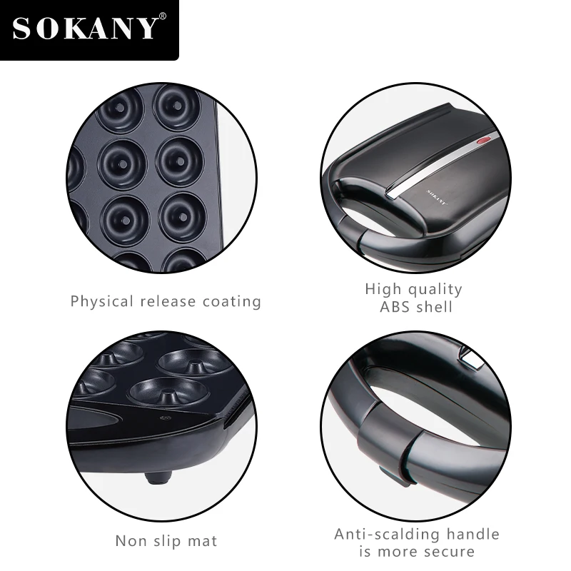 SOKANY SK-821 1200W Machine à Mini Beignets Électrique, Appareil à Donuts pour 12 Petit Beignet, Revêtement Antiadhésif, Facile à Nettoyer, Thermostat Automatique