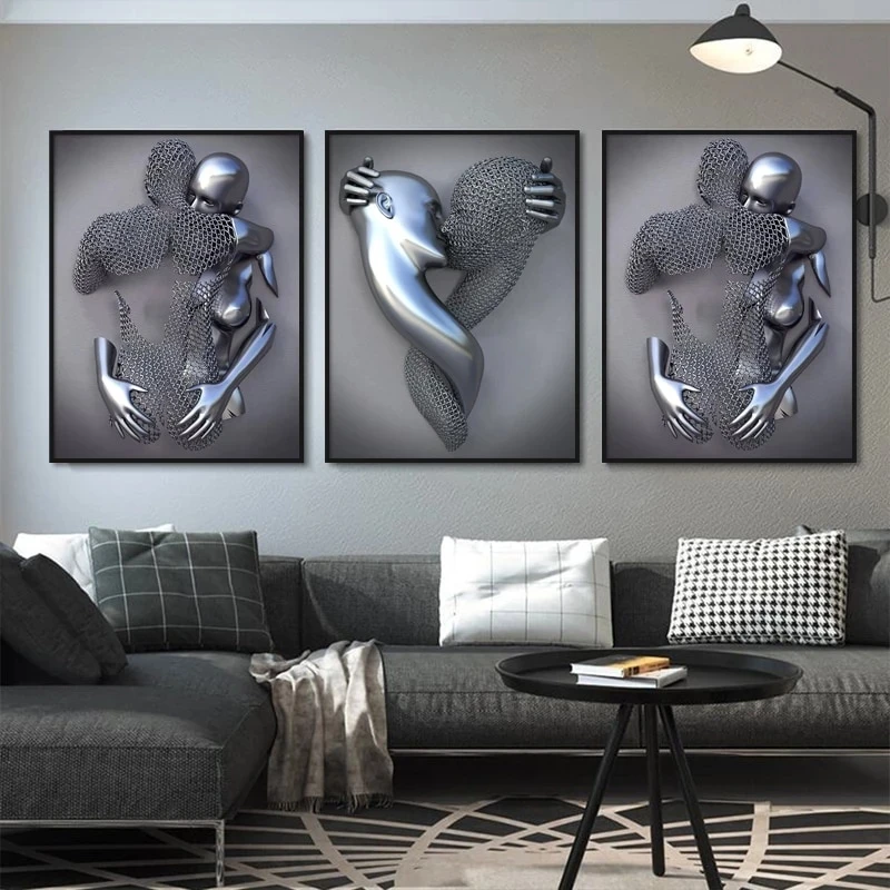 Poster Su Tela Nordic Coppia Scultura Metallica – Quadro Moderno Senza Cornice 50x70cm (Set Da 3) Per Soggiorno O Camera Da Letto