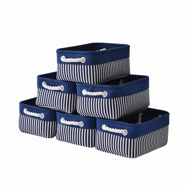Small Storage Baskets - Navy Blue Rectangular Storage Bins with Blue Stripes