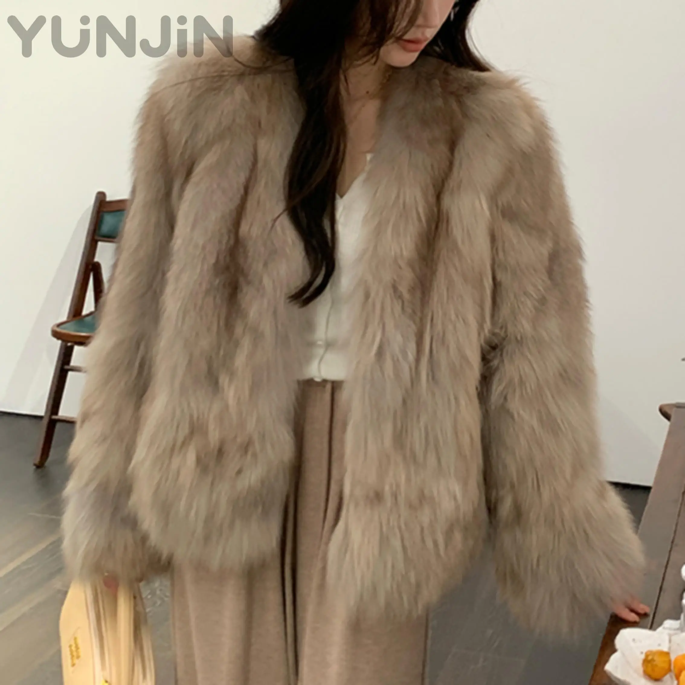 Winter Finnish Fox Fur Coat Women Stand Collar
