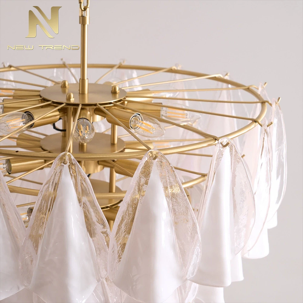 CPL-455 French Vintage Murano Glass Petal Chandelier – Luxury White Floral Pendant Light for Bedroom