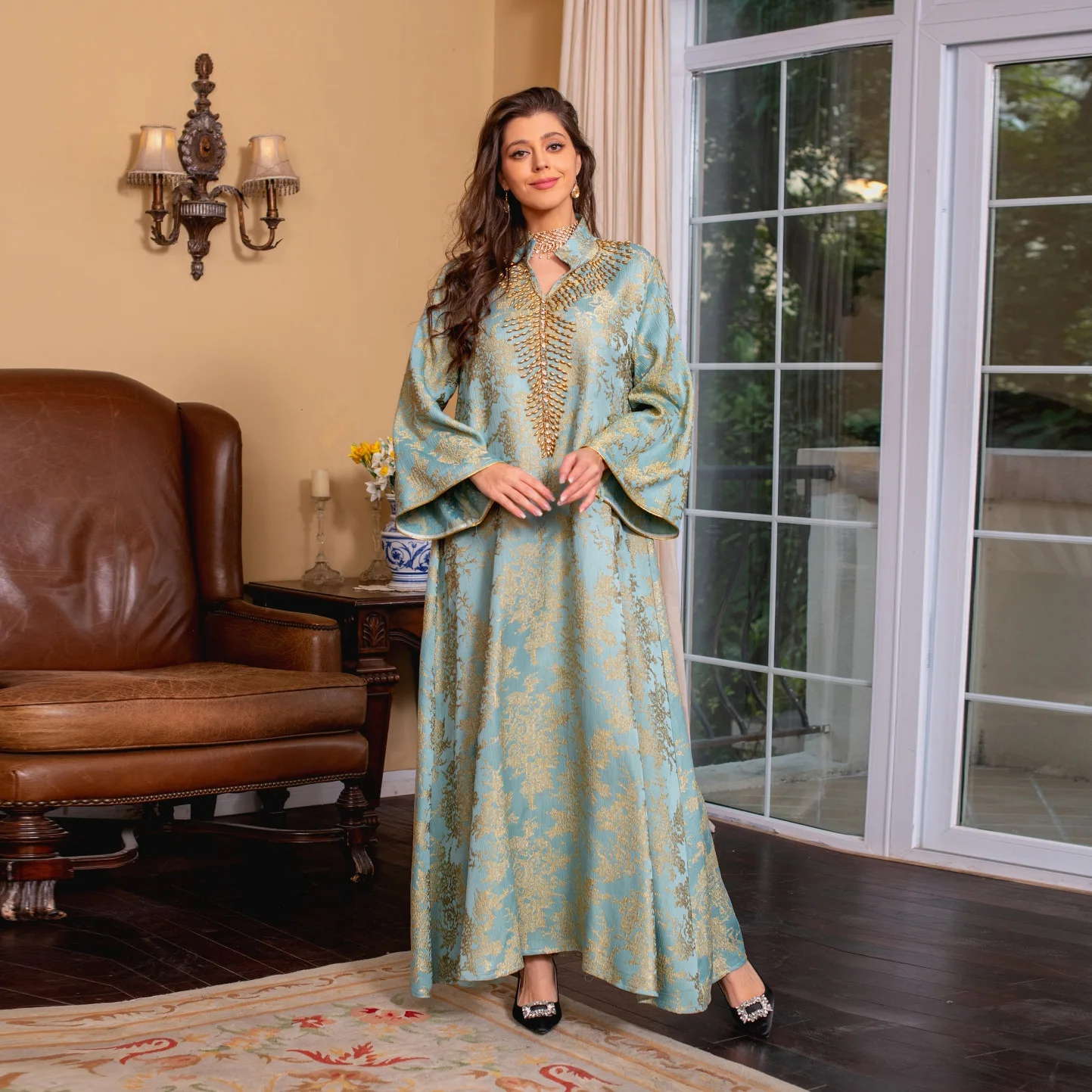 New Eid Muslim Dress for Women Beading Stand Collar Jalabiya Party Dress Arab Long Robe Morocco Kaftan Embroidery Luxury Thawb
