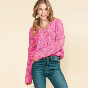 Women's V-Neck Pullover Multi-Color Dot Pattern Knitted Sweater Casual Winter Sweater with Beading Decoration
