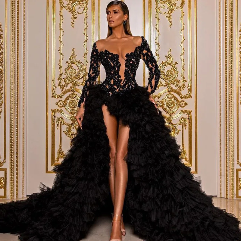 Black Luxury Elegant Evening Dresses Long Sleeves Sequins Appliques ...
