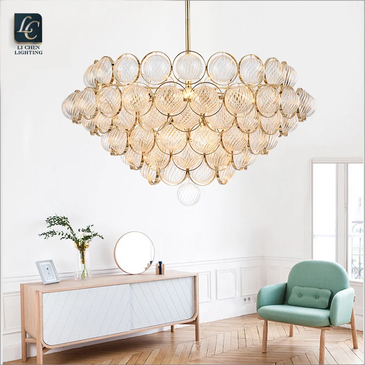 P0023 Modern Textured Glass Chandelier – Luxury Art Gold Suspension Lamp for Living Room