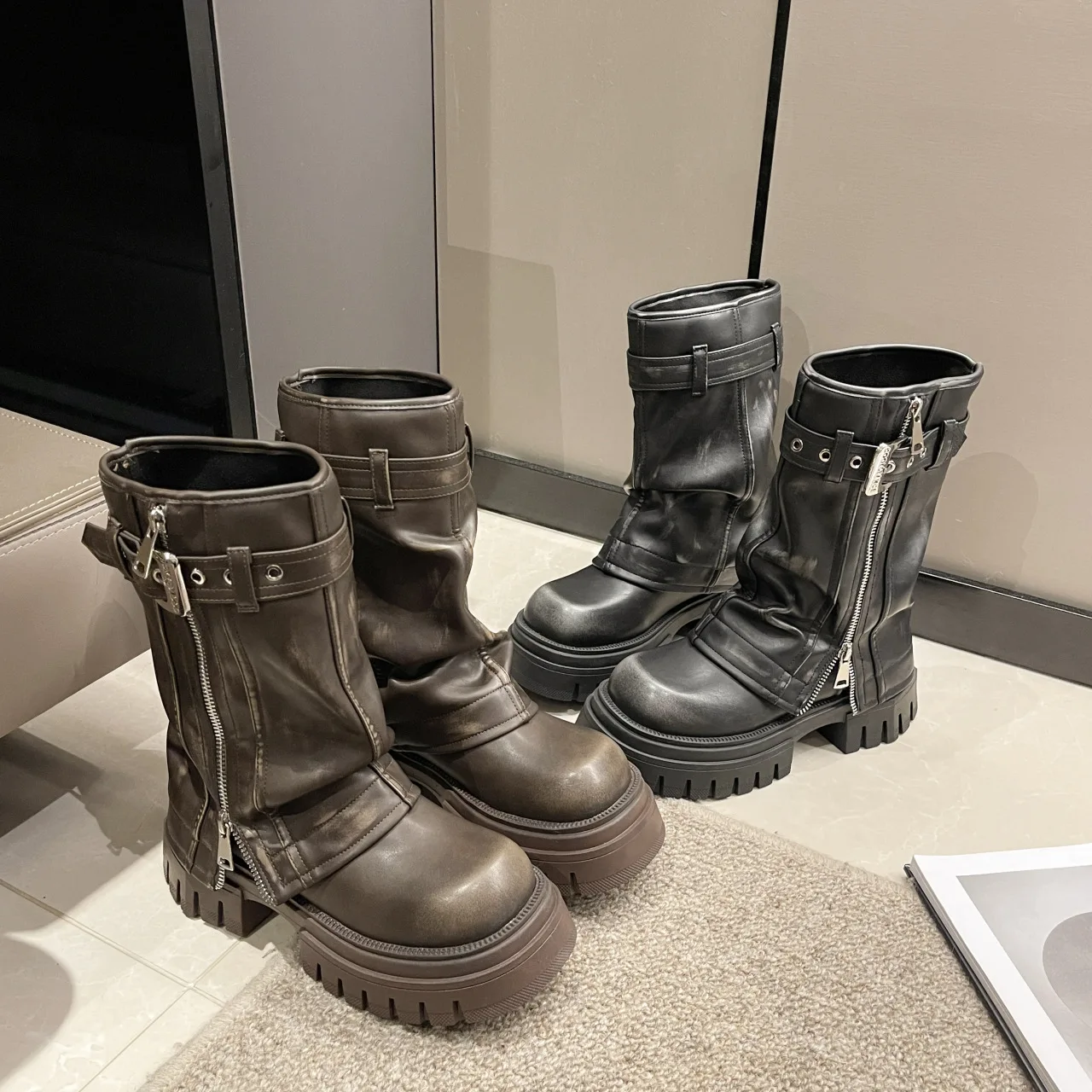 Fashion Thick Sole Widen Shaft Black Short Boots Double Zippers Distressed Black Women Western Mid-calf Boots - Image 6