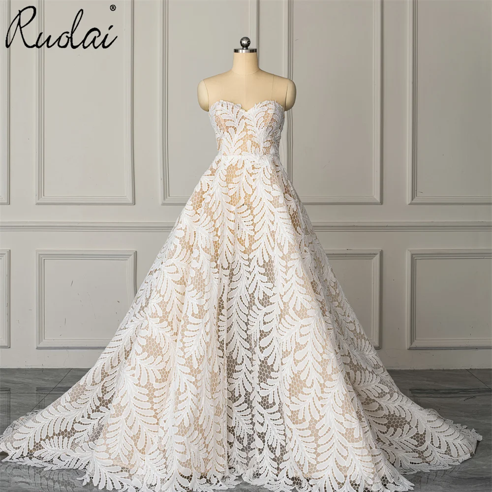 leaf design wedding dress Ruolai QW01926 Lace Cheapest Bride Gowns Sweetheart Neck Sleeveless Gown for Bride The leaf embroidery creates NA-06.23.25AM Color:Cornflower Burnt Orange Bridesmaid Dresses Ball gown