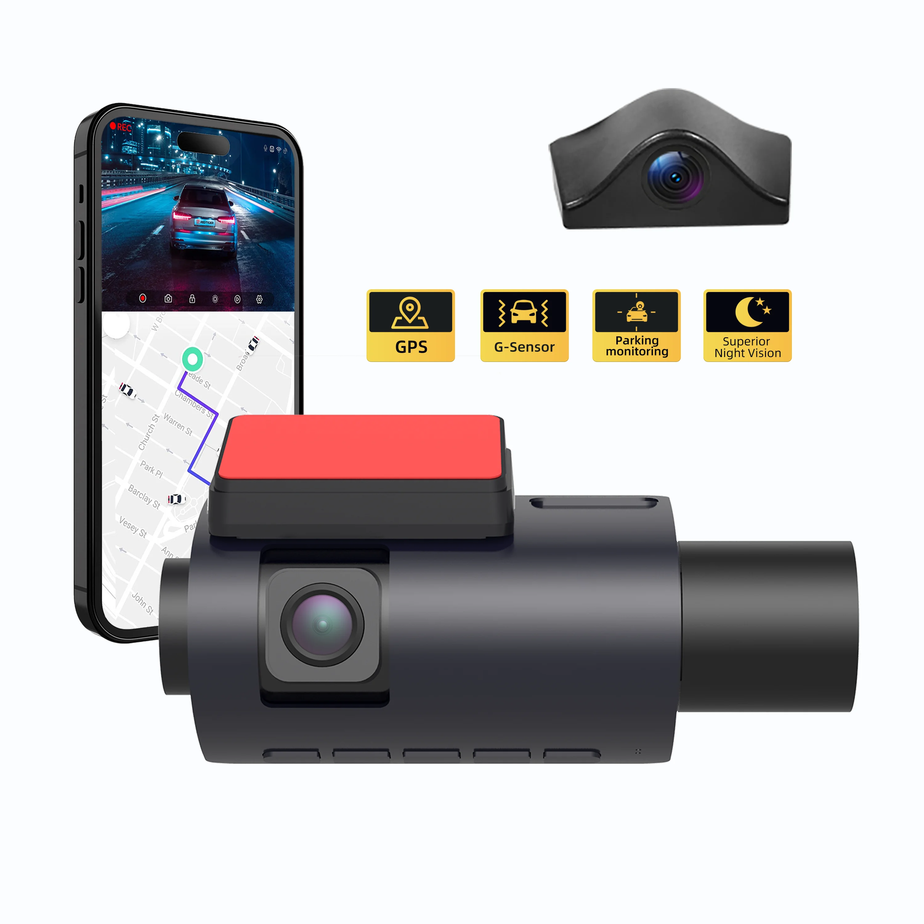 HD 3-kanálová palubní kamera, jízdní rekordér 1080P, GPS černá skříňka F1.8 s 3,0 palcovou obrazovkou, ovládání hlasem pro pořizování fotek/klipů