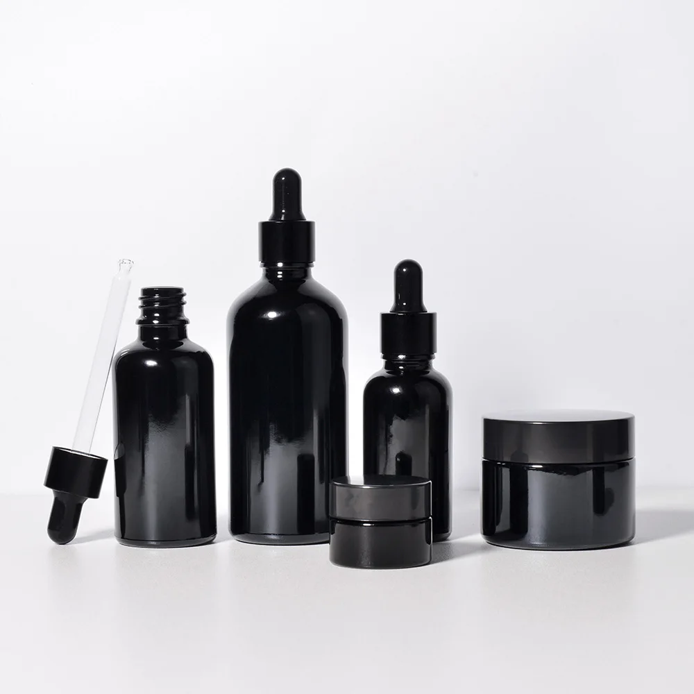 Custom Logo Printing 5ml 10ml 15ml 20ml 30ml 50ml 100ml Cosmetic Essential Oil 1 oz Shiny Black Glass Dropper Bottle With Box