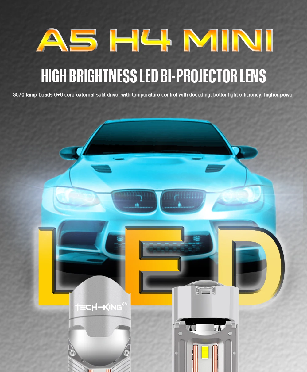 TECH-KING New Car Headlight 12V H4 Mini Led Bi Projector Lens Headlight LED Laser Projector Lens High Power H4 Bulbs