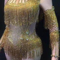Long Sleeve Gold Bodysuit Sexy Tassels Catsuits Nightclub Dj Ds Costume Party Show Stage dance singer costume