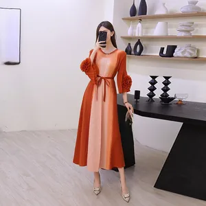 European and American Style Large-size Dress Manufacturer - Petal Sleeve Waist Cinched Pleated Dress