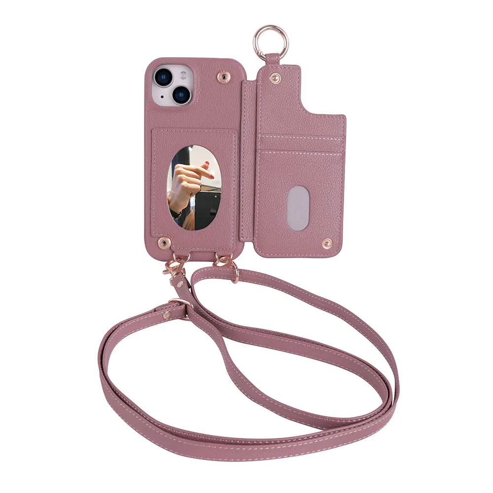 Laudtec SJK116 Cell Leather Lanyard Card Holder Mobile Wallet Flip Mirror Phone Case For Iphone 11 12 13 14 15 Pro Max Plus