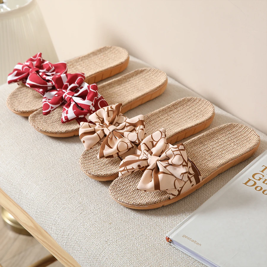 New Bow Linen Slippers Couples Home Vacation Simple Linen Slippers Women's Four Seasons Sandal Slippers