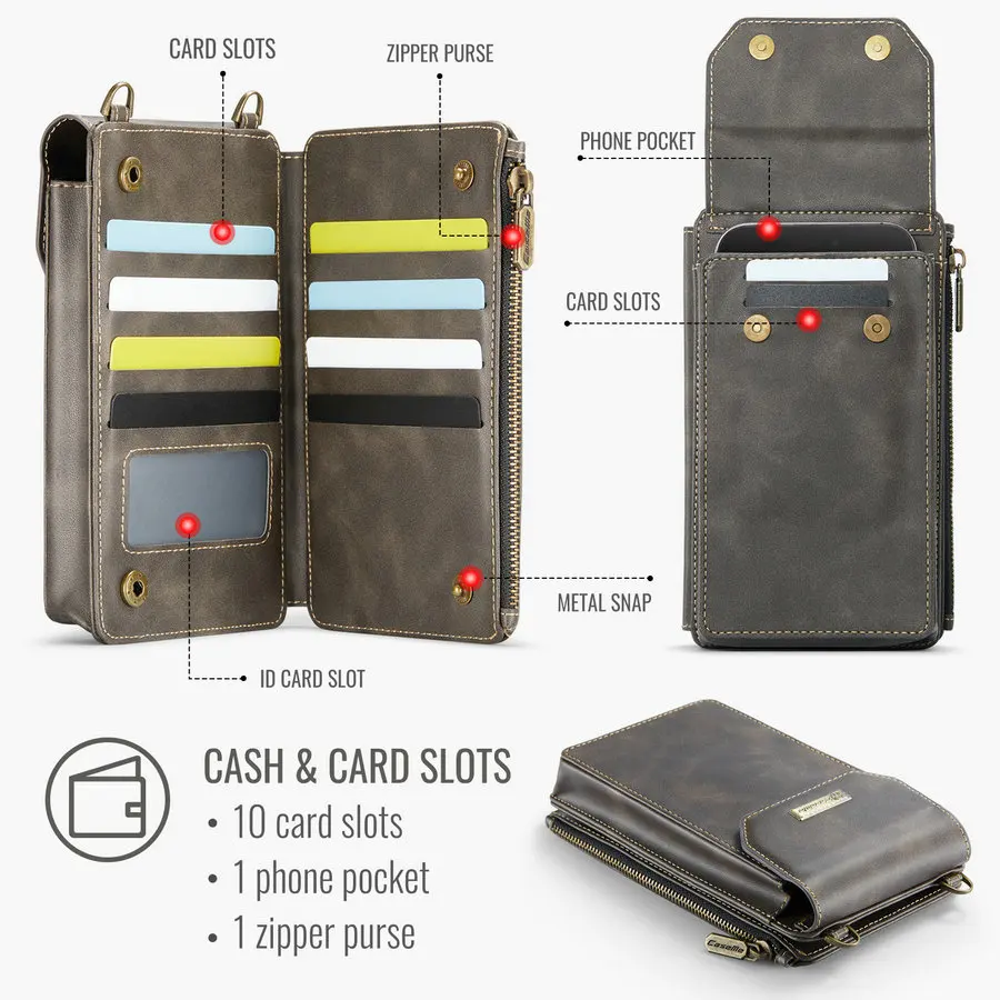 CaseMe R20 RFID Fold Case for Samsung Z Fold 6 5 4 Universal Crossbody Multi-Functional 10Card Slot+1Phone Pocket+ 1Zipper Cases