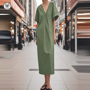 2026 New Style Loose Casual Maxi Womens Dress V-neck Retro Linen Cotton Solid Color Short-Sleeved Beach Dress Eco-Friendly Woven