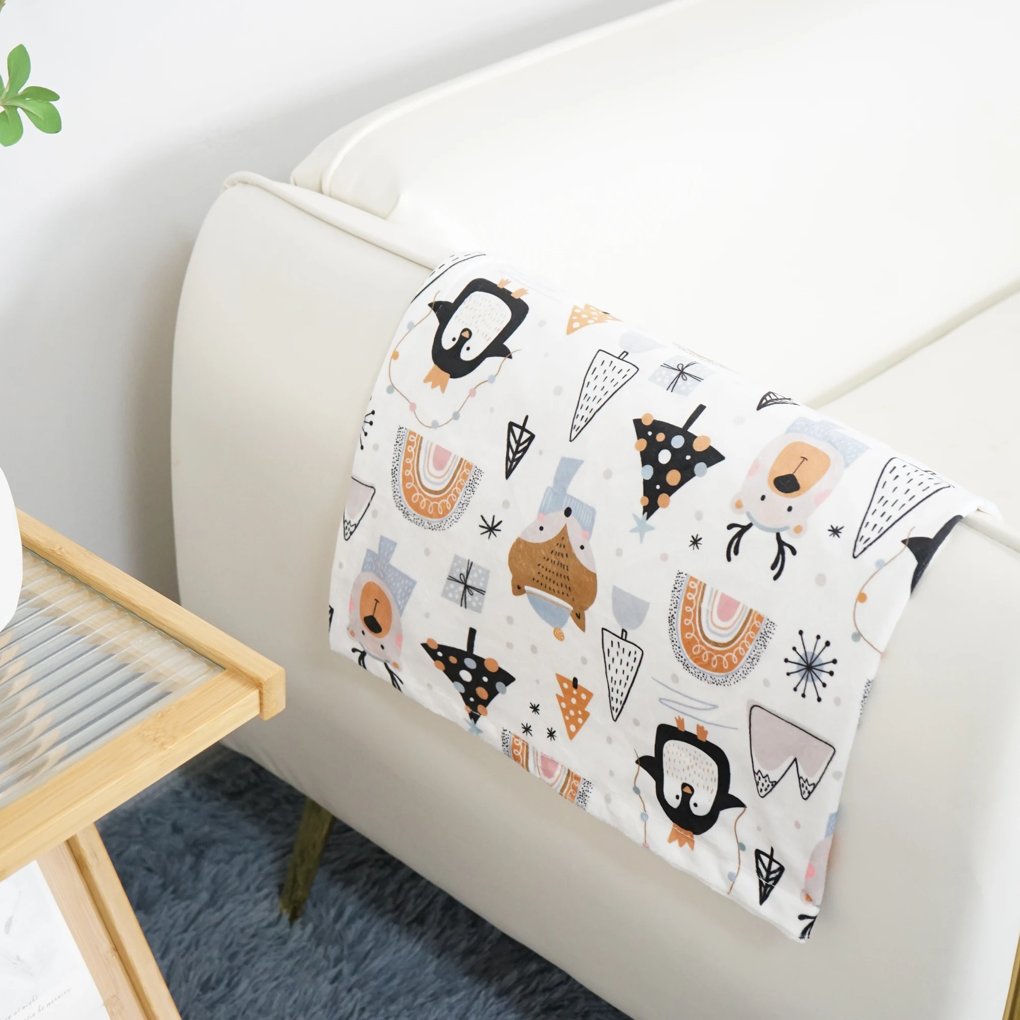 Custom OEM ODM Baby Blanket for Boys Girls Soft Minky with Double Layer Dotted Backing Penguin Printed  Receiving Blanket