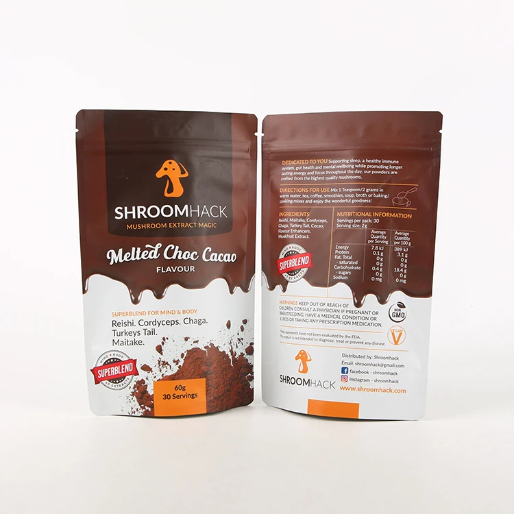 Custom Printed Cacao Cocoa Coffee Powder Plastic Packaging Aluminum Foil Bags Resealable Matte Black Stand up Pouch With Zipper