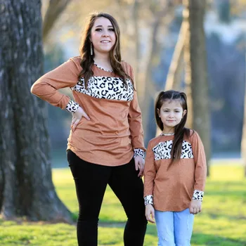 2022 Mother Daughter Matching Clothes Plus Size Leopard Patchwork Long Sleeve T Shirts Mommy And Me Outfits