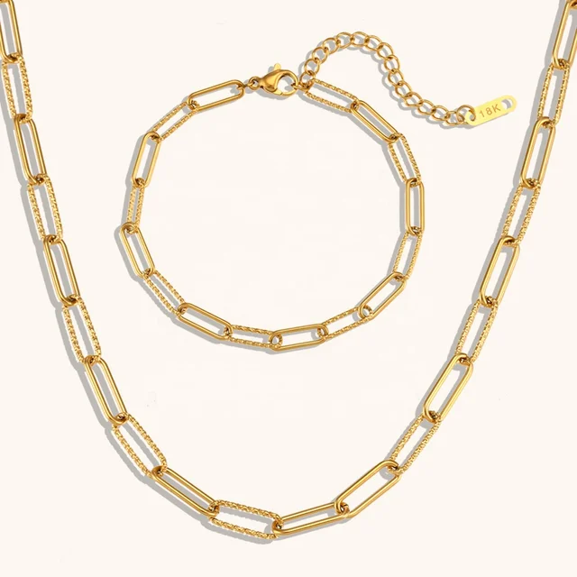 Dingran Fashion  Paper Clip Chain Necklaces Bracelets 18k Gold Plated Stainless Steel Waterproof Jewelry Set