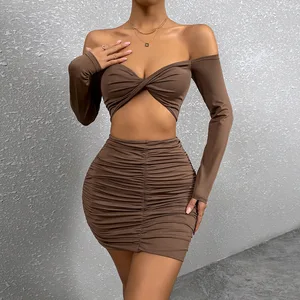 Long Sleeve Low Cut Two Piece Suit Ruched Bodycon Sexy Party Dress
