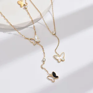 European American Stainless Steel Hollow Butterfly Necklace Black White Fritillaria Set Zircon Women's Sporty Chain