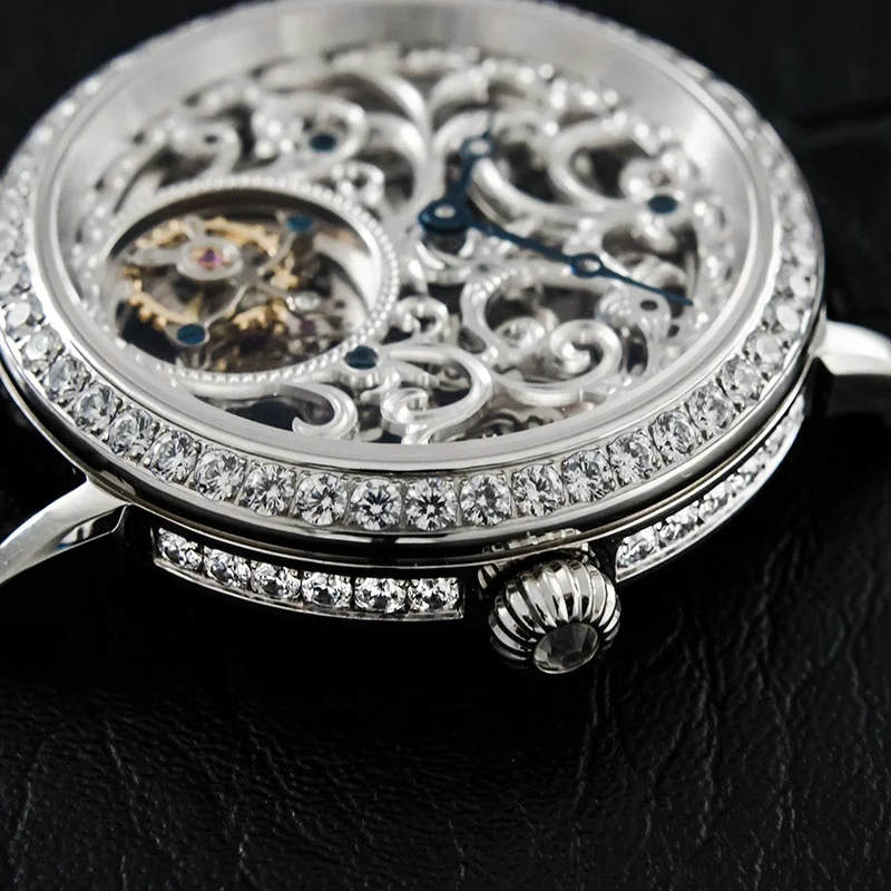 Free Ship Stock Luxury Carved Seagull 8000k Movement Skeleton Tourbillon Mechanical Diamond Sapphire Manual Winding Watch Man