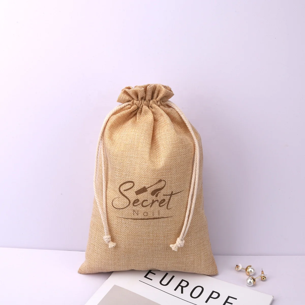 Qr Code Printed Jute Packaging Bag Luxury Suede Lining Jute Bag For