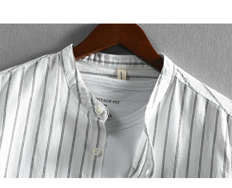 Summer men's casual linen shirt seven-point sleeve stripe stand collar thin Chinese style yarn-dyed cotton and linen youth shirt