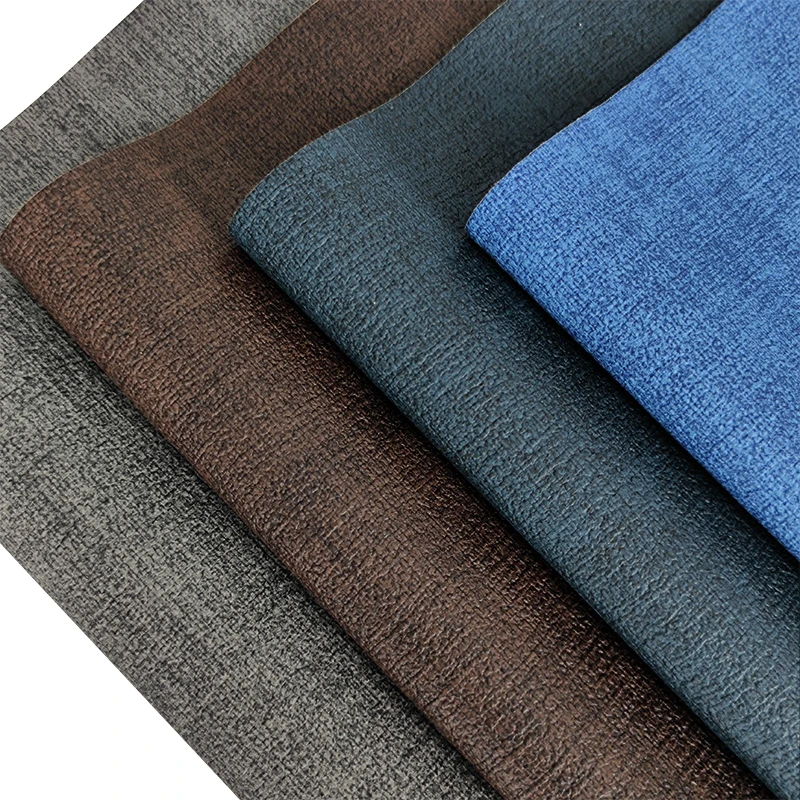 Coarse Cloth Pattern Leatherette Embossing PU Artificial Synthetic Vegan Leather Woven Textured Polyester Fabric for Upholstery