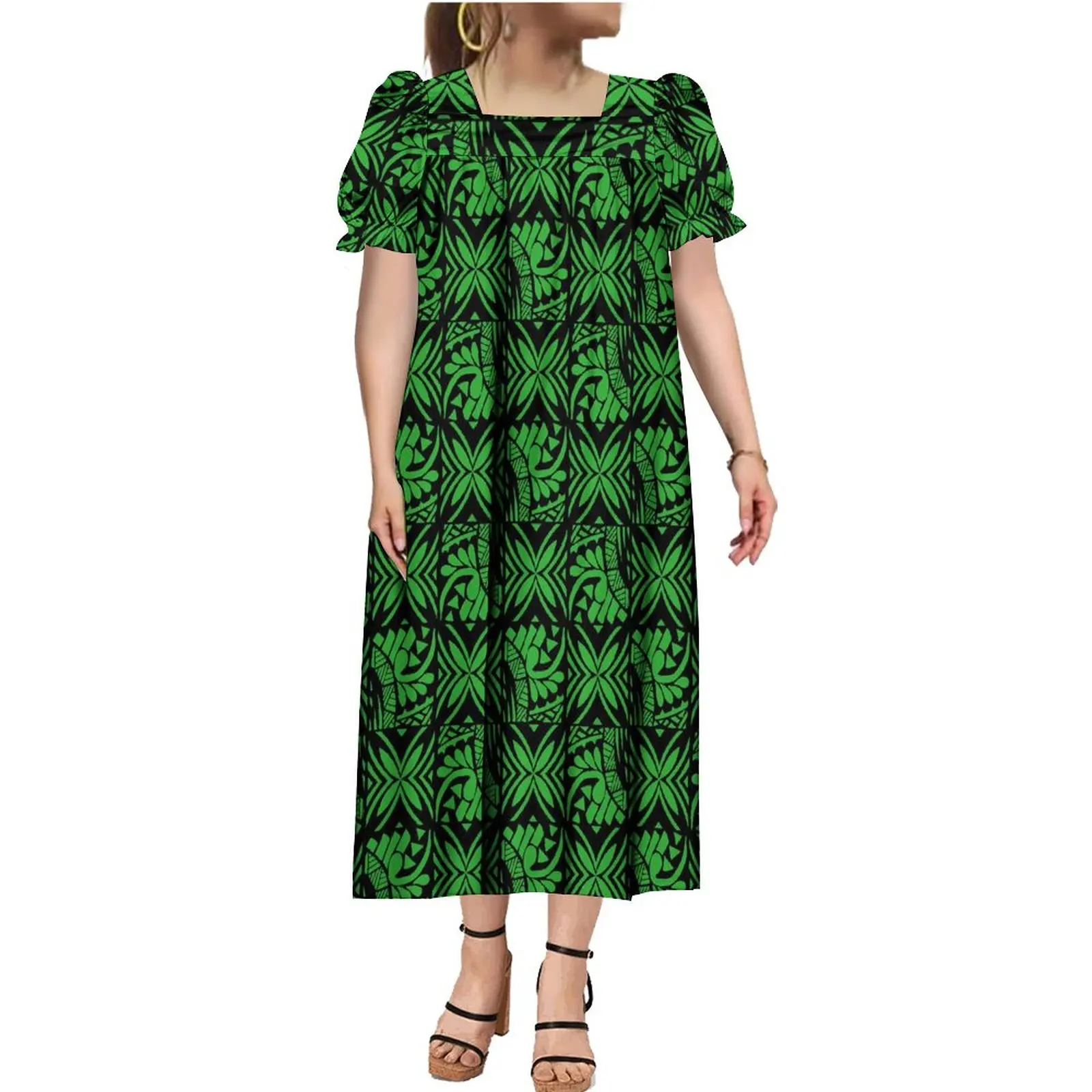 mumu dress fat lady New Summer Wholesale Custom Micronesian Muumuu Plus Size Polynesian Island Ruffle Puff Sleeve Long Puffy Dress Ladies SIZE UK14/US8