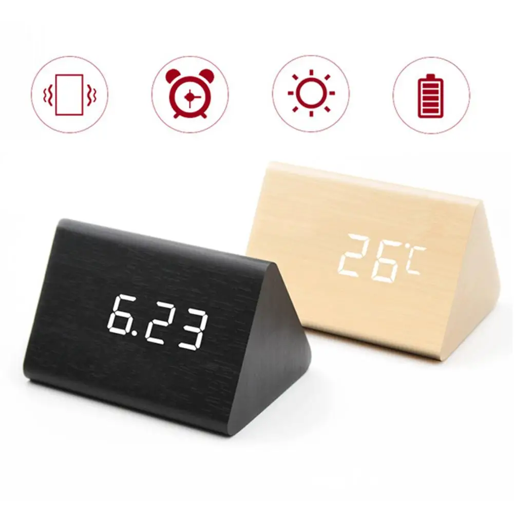 Wooden Alarm Clock LED Digital Time Temperature Humidity Display Voice Control 