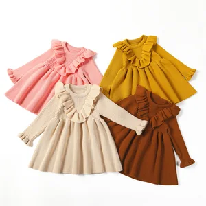 Custom Logo Designer Wholesale RTS Winter Cute Baby Girl Dress Long Sleeve Knitted Ruffle Baby Dress