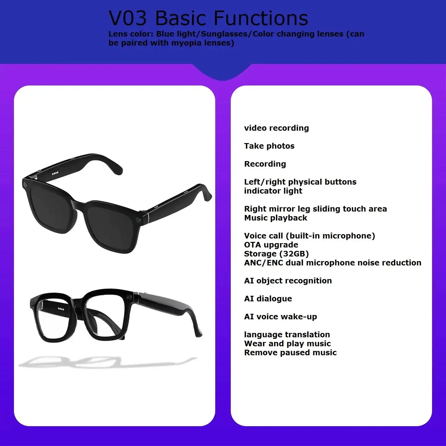 New OEM Smart AI Glasses Camera with Voice Assistant Music Translation Activity Monitoring Speaker Magnetic Charging 2