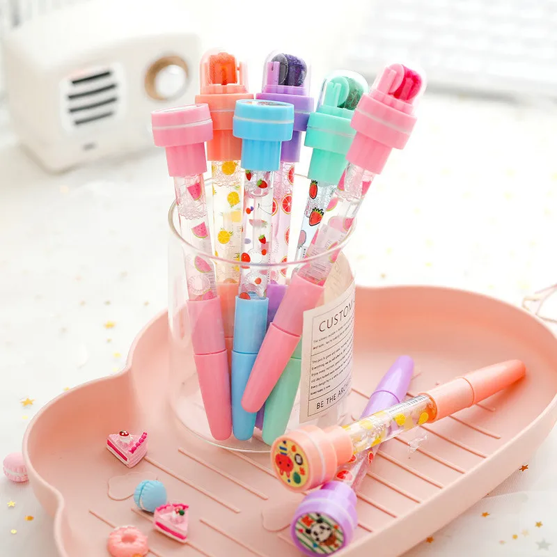Promotion Pen 5 in 1 Multifunctional Bubble Roller Stamp School Stationery Cute Fruit Design Kids Plastic Ball Pen