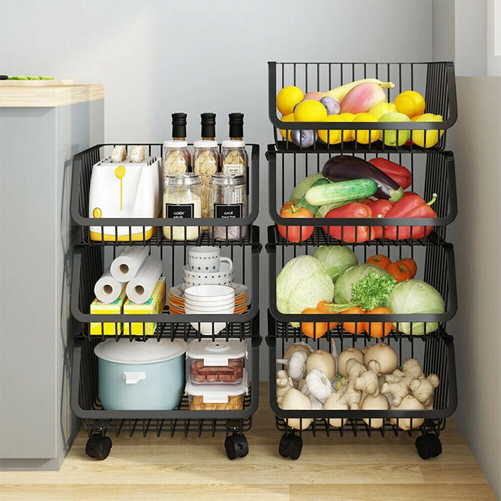 Carrello Portaverdura A 4 Ripiani In Metallo Con Ruote Girevoli 360°, Per Cucina, Bagno O Soggiorno, 33x33x76 Cm, Nero