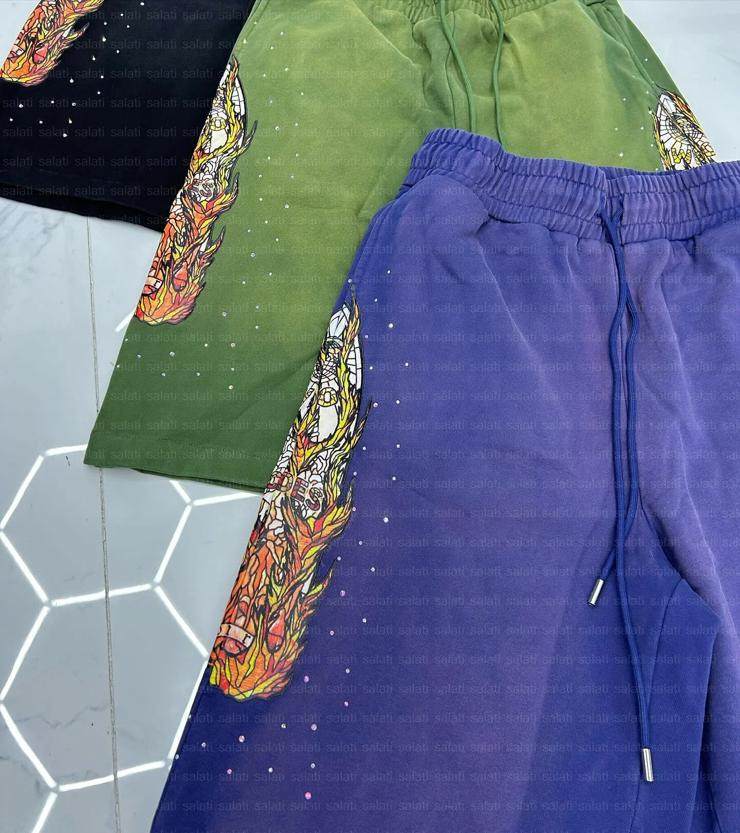 Custom Designer Streetwear Summer Track Sweat Jogger Distressed Baggy Cotton Sun Faded Puff Print Acid Washed Shorts for Men gallery 2