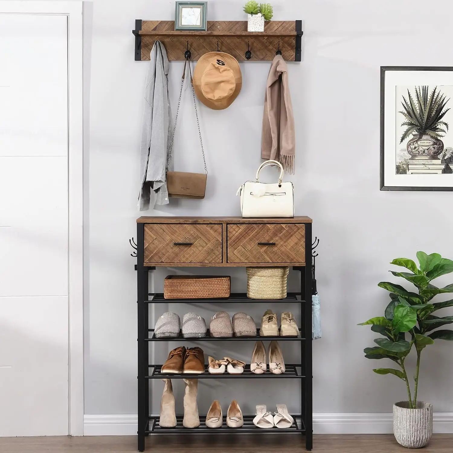 4-tier Metal Shoe Rack with Coat Rack Drawers Modern Storage