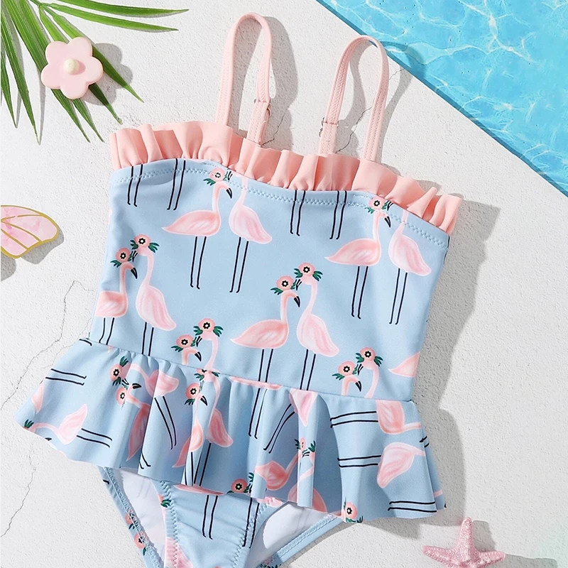 Cute Flamingo Sleeveless Beachwear Baby Girls Ruffles Swimwear Kids Girls One Piece Baby Bikini Swimsuit details