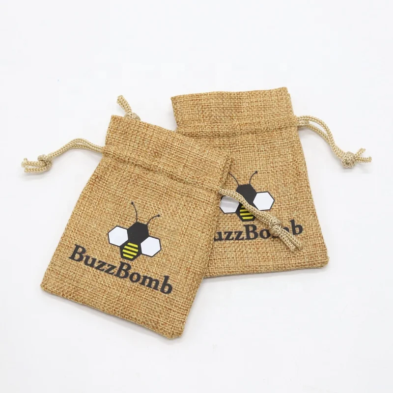 High Quality Cute Bee Printed Brown Soft Jute Hemp Gift Pouch Small Hemp Drawstring Bag Buy