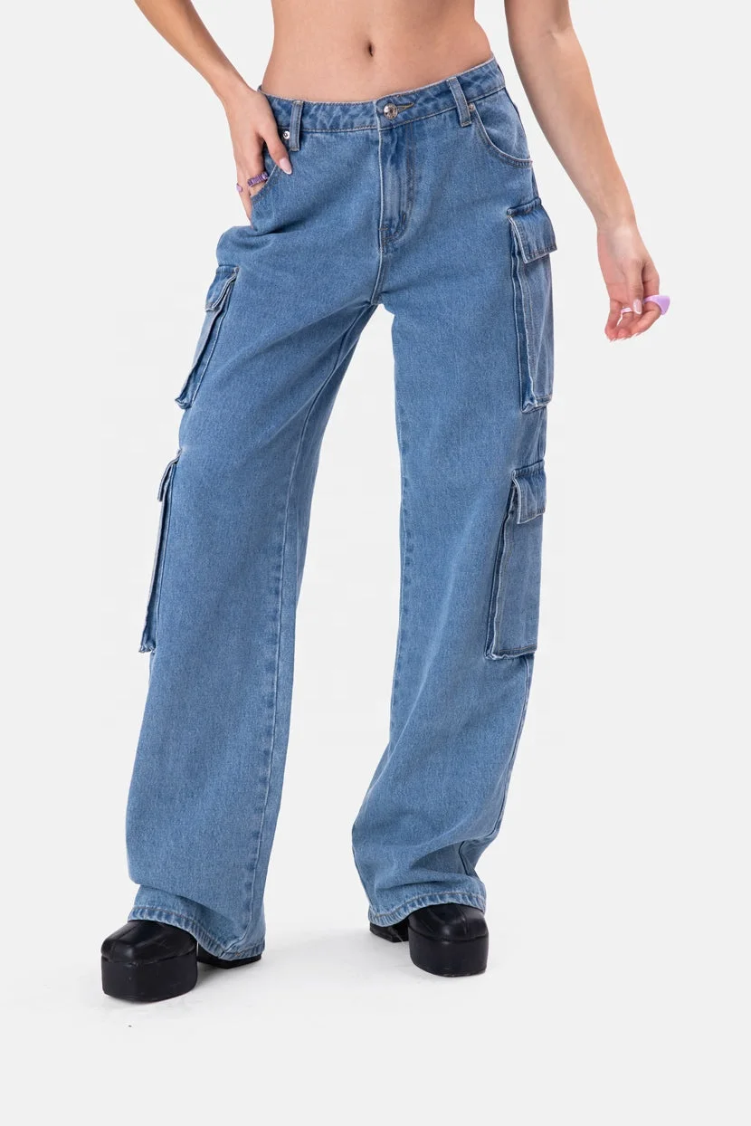 Denim Jeans Long Straight Full Length Cargo Jeans Pants New Design High  Waist Wide Leg Loose for Women With Pockets Light Solid