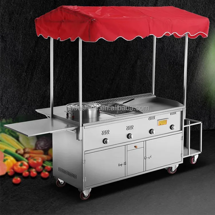 French Fries Cart Mobile Gas Food Stall Cart Grill And 2 Fryers Food