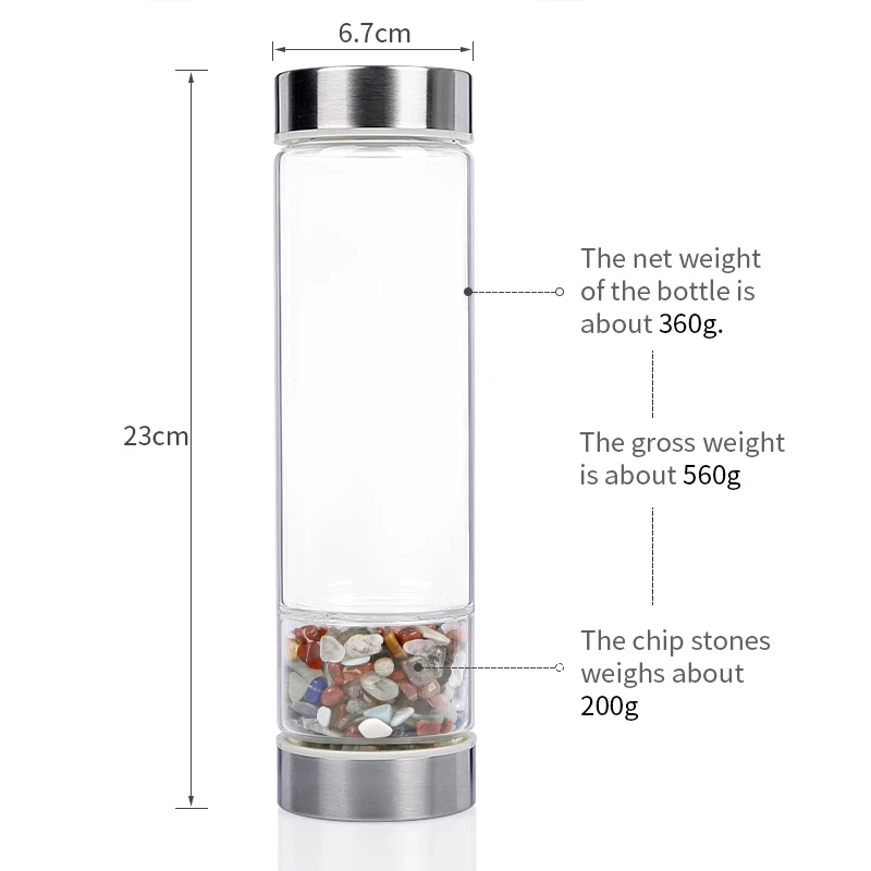 Custom Logo Elixir Filter Screen Stainless Steel Natural Rose Quartz Stone Healing Crystal Infused Glass Water Bottle