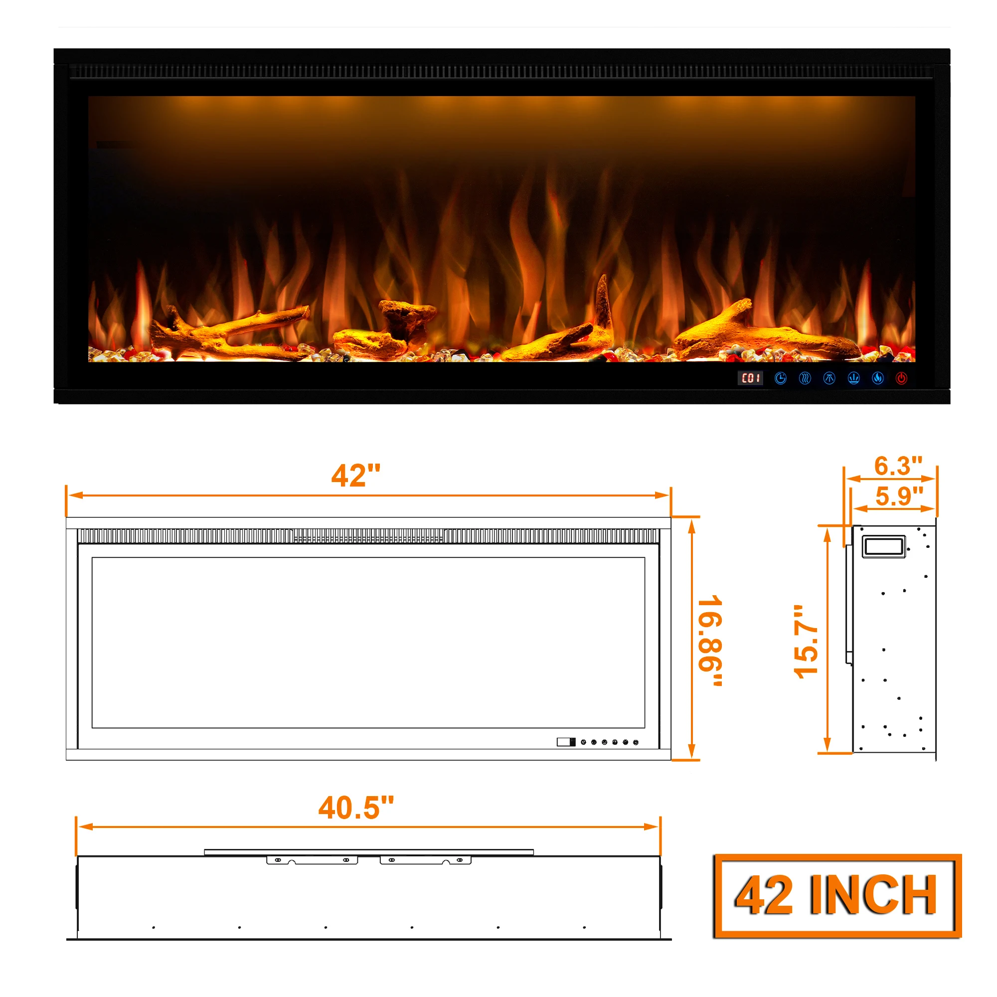 Luxstar42 Inches Smart Electric Fireplace Heater Recessed Wall-mounted Fireplace with App Control Remote Control