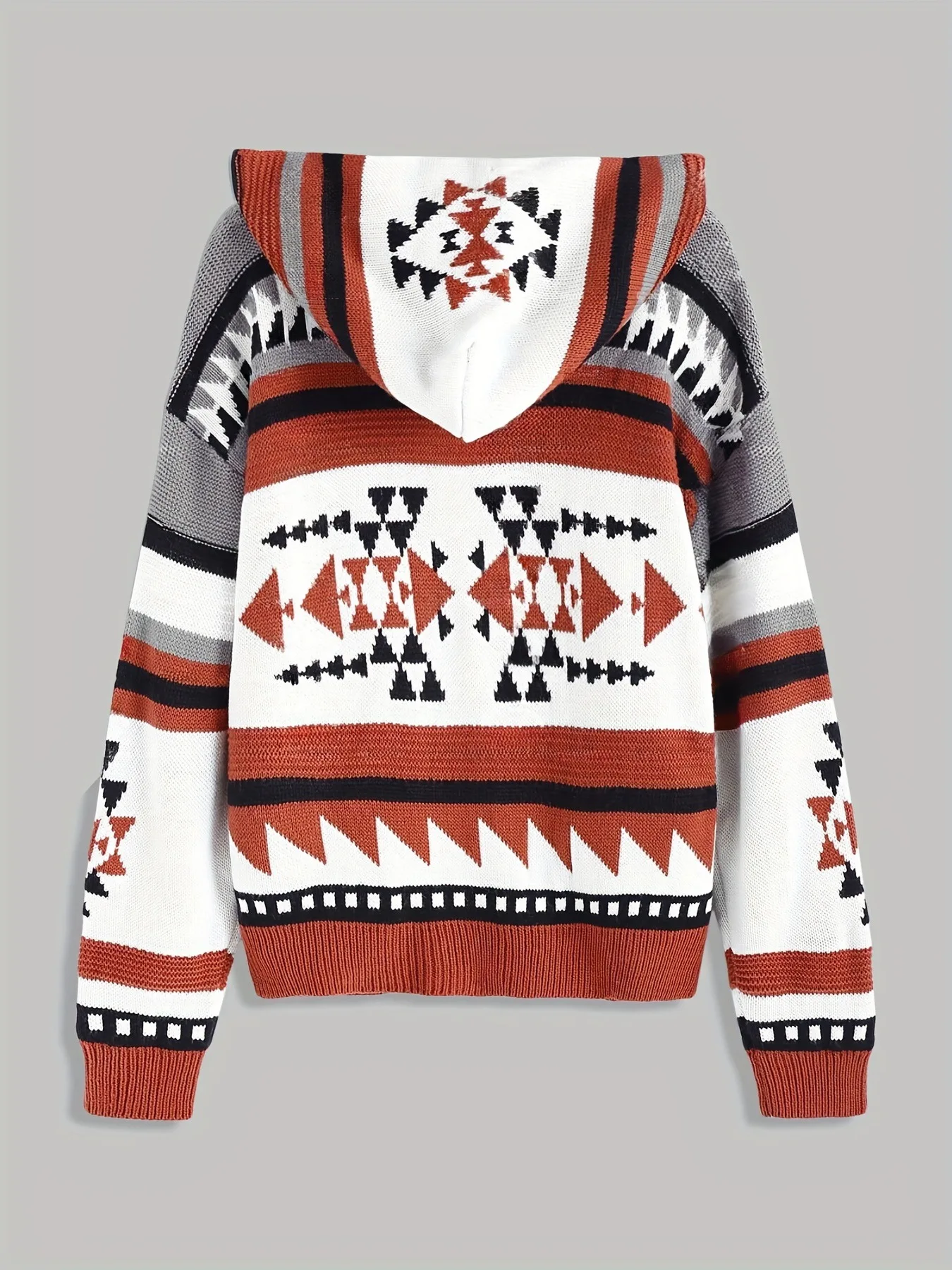 2025 Custom Vintage Aztec Style Zip up Knitted Cardigan Women's Zipper Hooded Sweater With Pockets