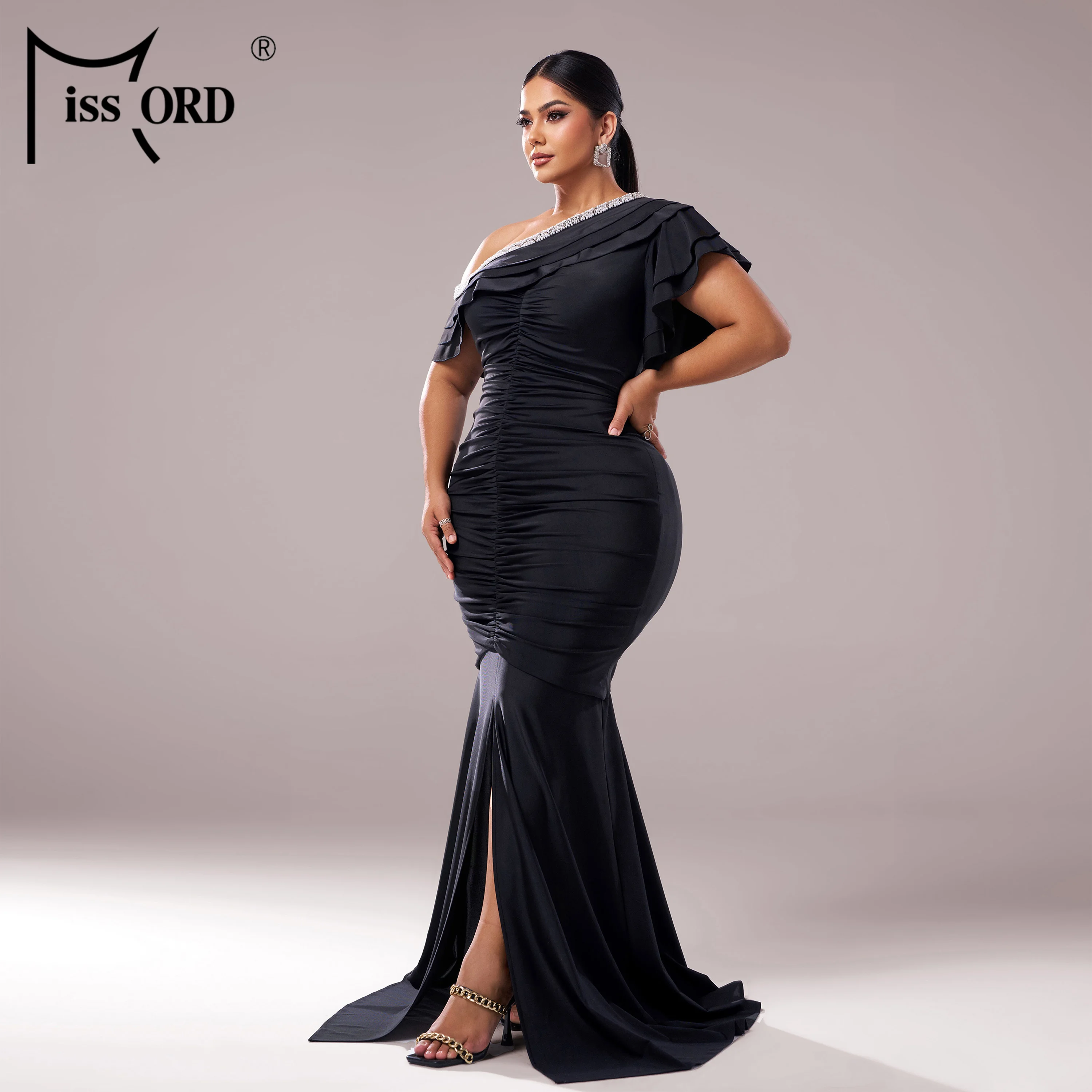 Plus Size One Shoulder Ruffles Ruched Black Trumpet Dress