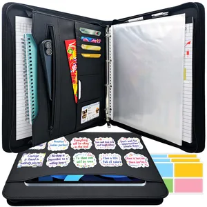 Golden Supplier A4 Size PU Leather Zippered Padfolio Organizer Case Document Compendium Ring Binder File Folder Document Bag