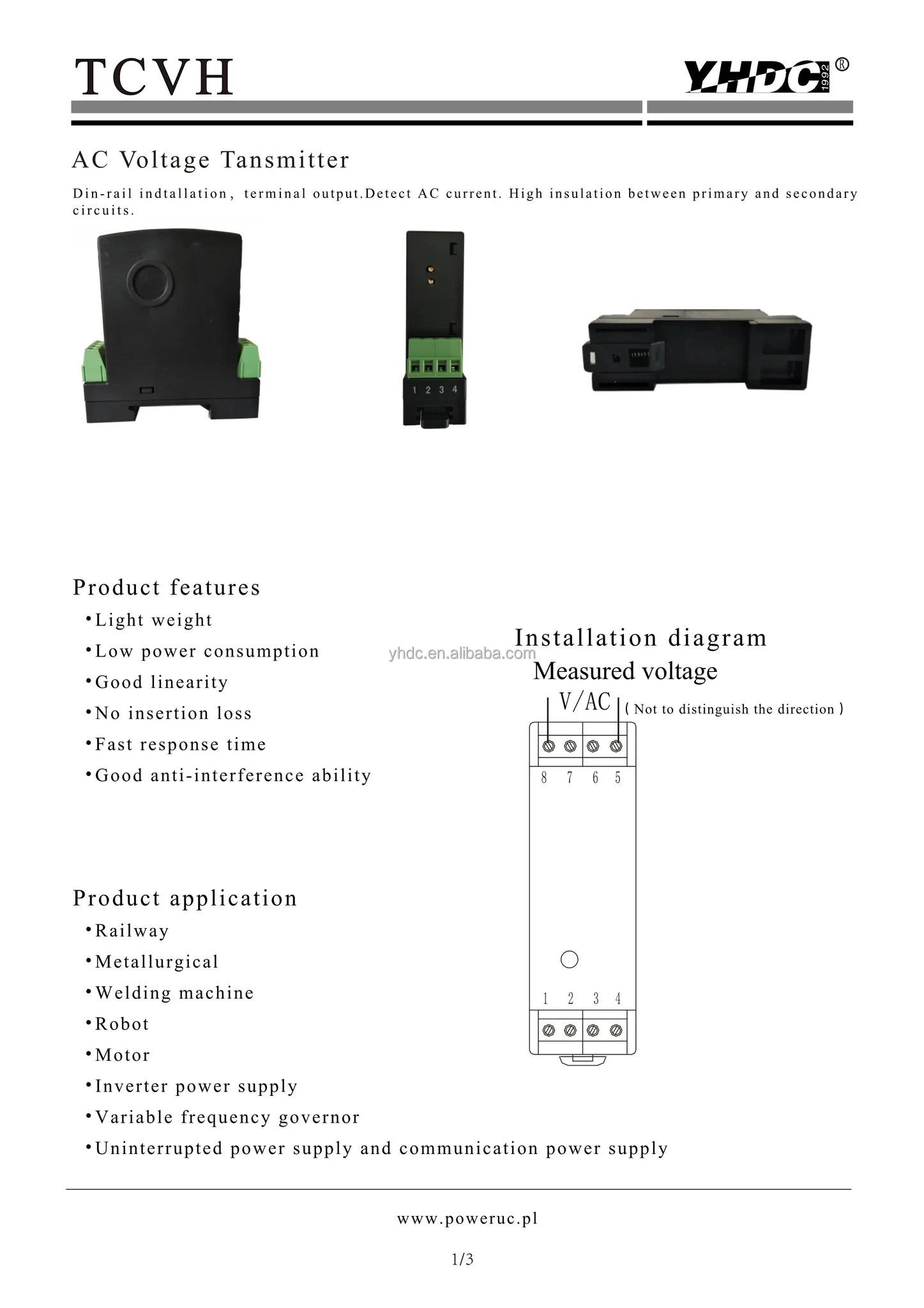 Tcvh YHDC 500V AC DC Din Rail Mounting Voltage Transducer/Transmitter TCVH ...