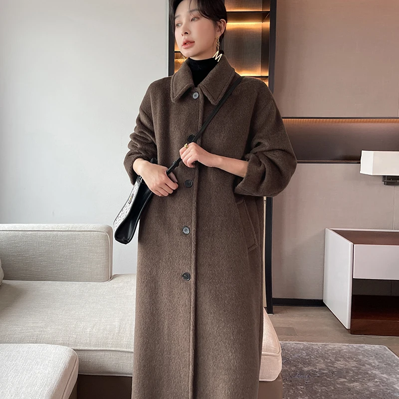 Customized Small Batch Popular This Year High-end Middle Aged and Elderly Profile Casual Fashion Long Vicuna Cashmere Coat